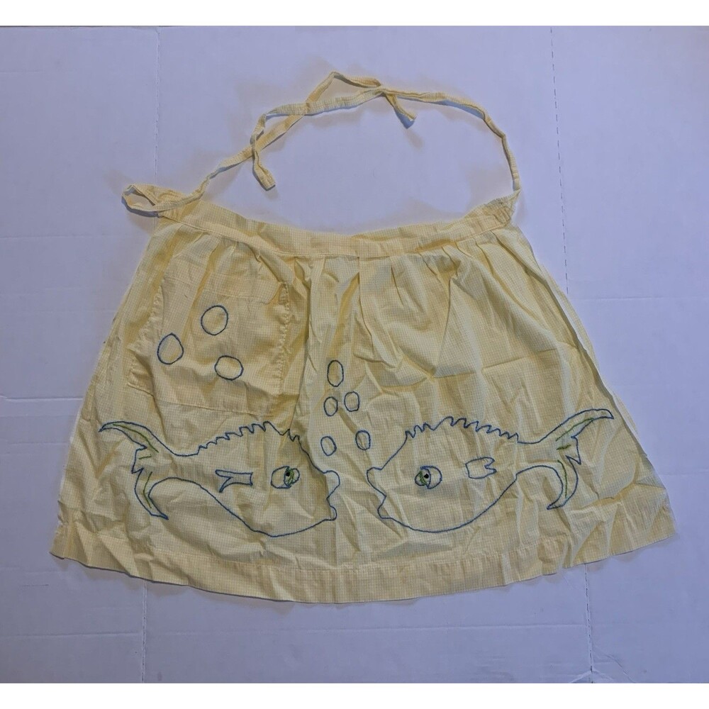 Vintage 70s Retro Grandma Yellow Checkered Half Apron w/ Pocket Cute!! With Fish